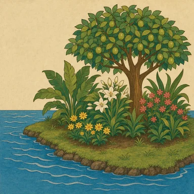 Escena del día 3 de la creación: tierra, mares y plantas.