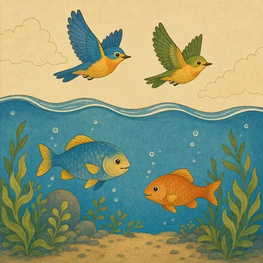 Escena del día 5 de la creación: peces y aves.
