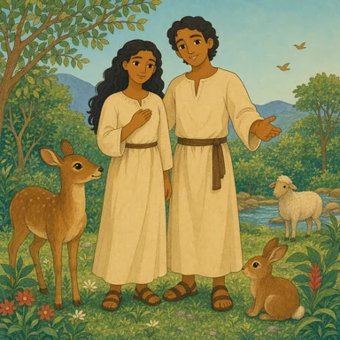 Escena del día 6 de la creación: animales y seres humanos.