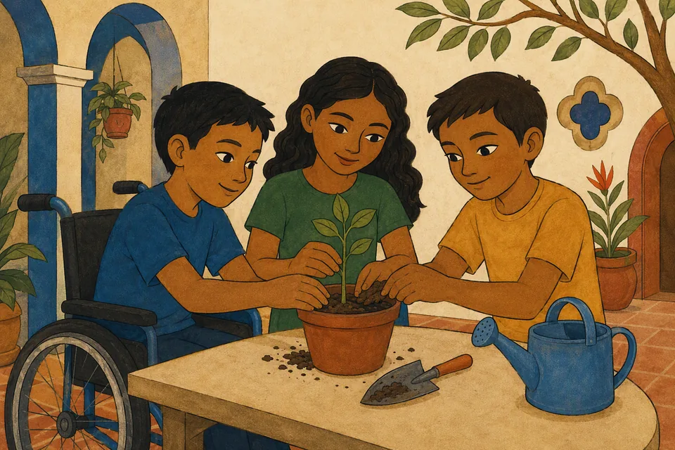 Tres niños cuidan una planta juntos; uno participa desde su silla de ruedas.