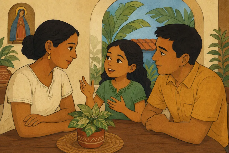 Una niña conversa con su familia sobre lo que aprendió.