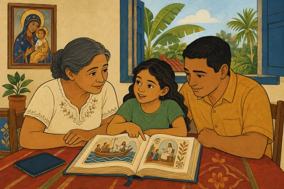Una niña, su padre y su abuela leen la Biblia juntos.