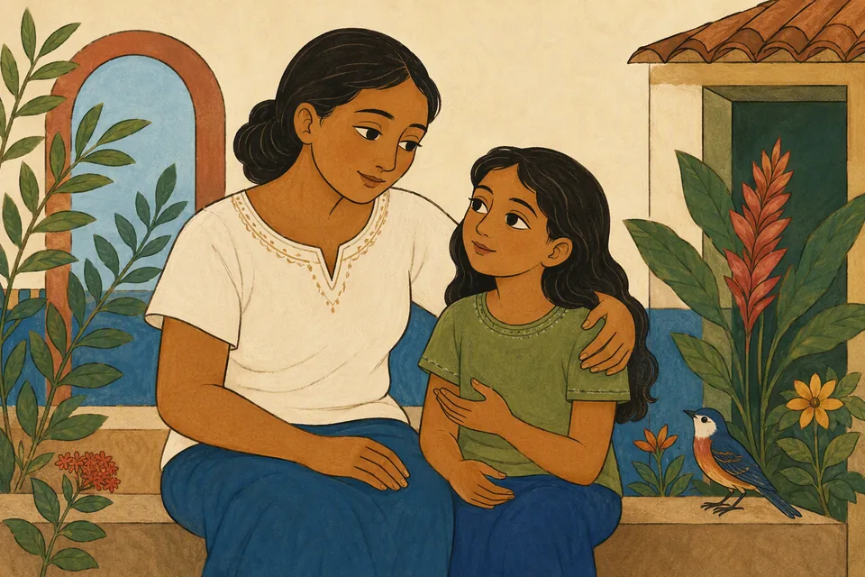 Una madre escucha y abraza a su hija en un jardín con aves y flores.
